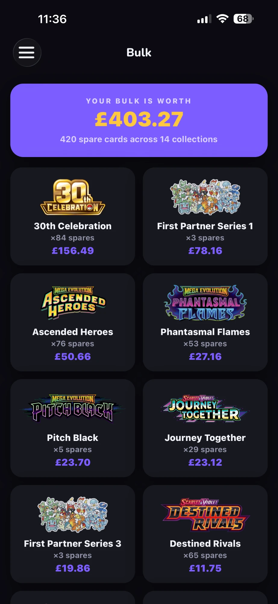 Set Hunter bulk view: the value of 420 spare Pokémon cards across 14 collections