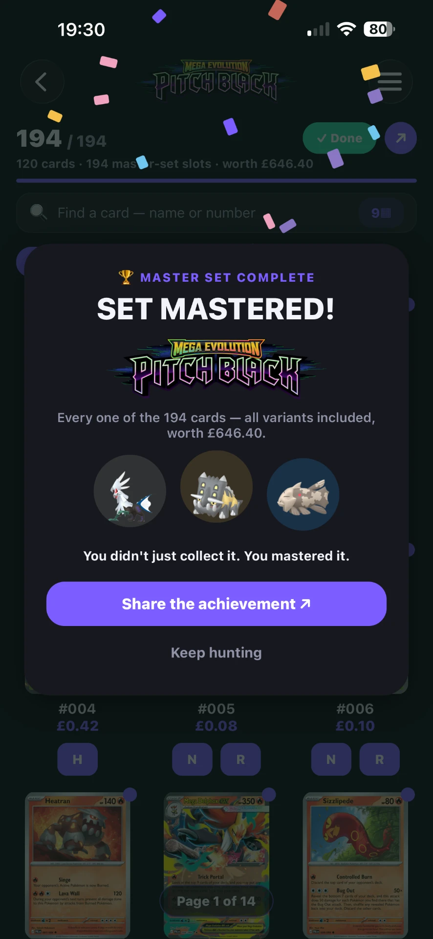 Master set complete celebration screen
