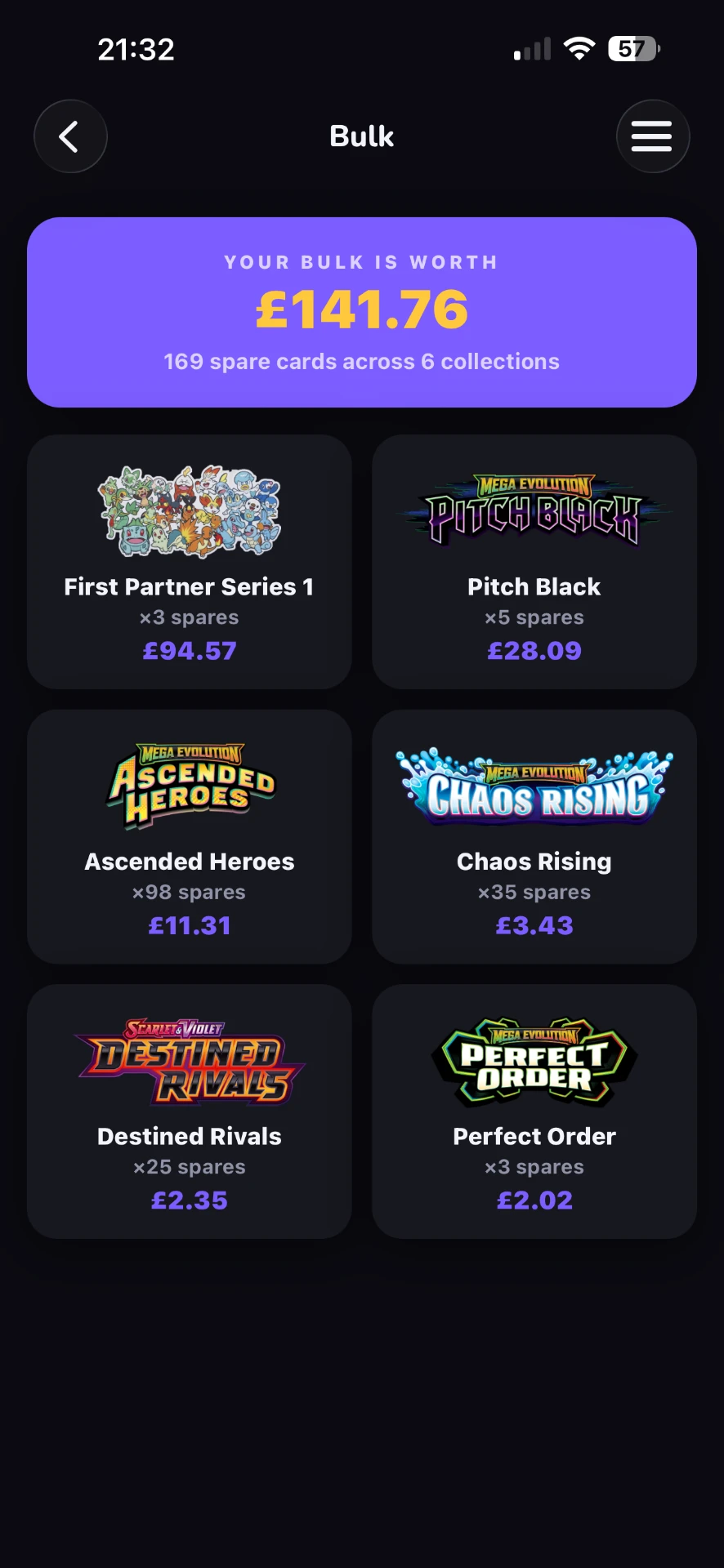 Bulk view showing the total value of spare cards across collections