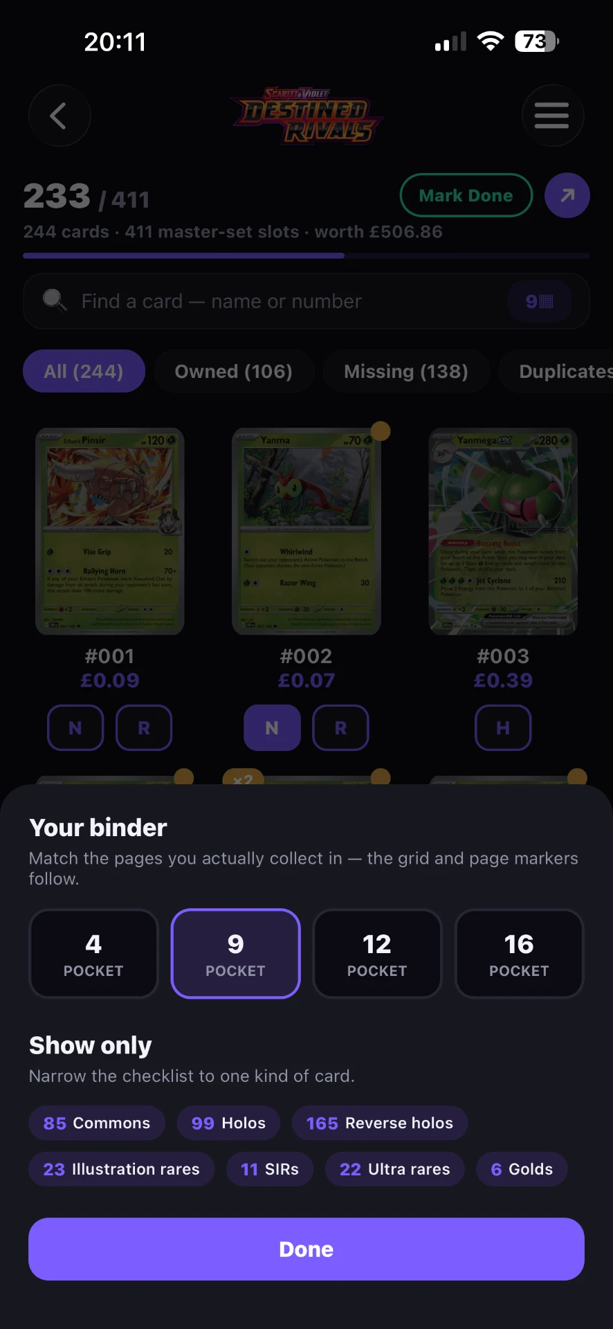 Binder settings for 4, 9, 12 or 16 pocket pages and card-type filters