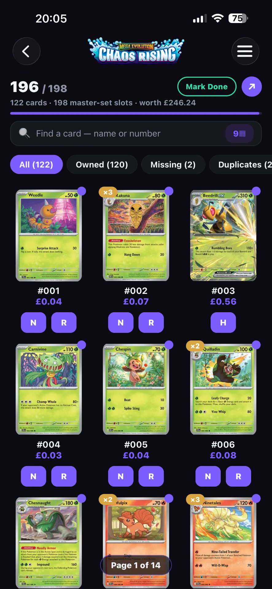 Set Hunter set view showing owned, missing and duplicate cards with master-set progress