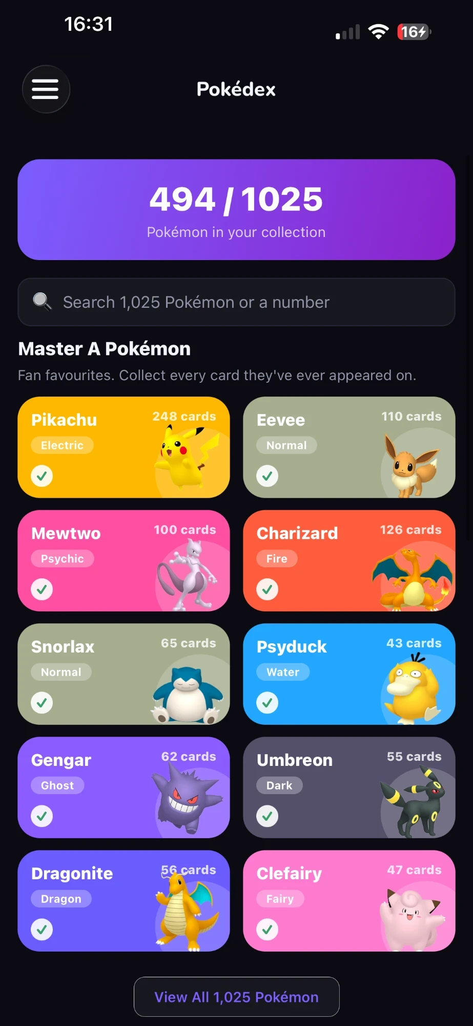 Set Hunter Pokédex: 494 of 1,025 Pokémon in the collection, with Pikachu, Eevee, Mewtwo and Charizard to master
