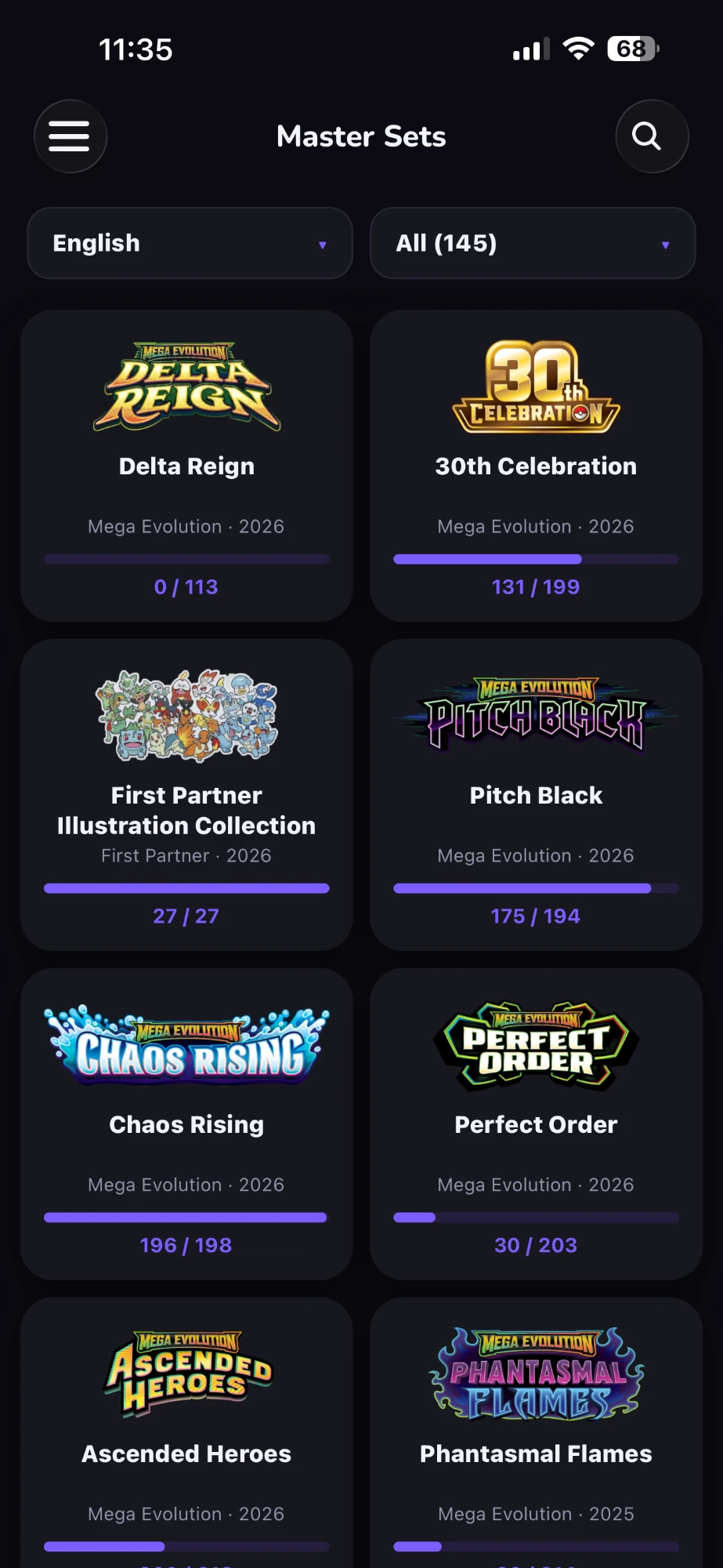 Set Hunter English Pokémon TCG master sets: Delta Reign, 30th Celebration, Pitch Black, Chaos Rising and Perfect Order with progress