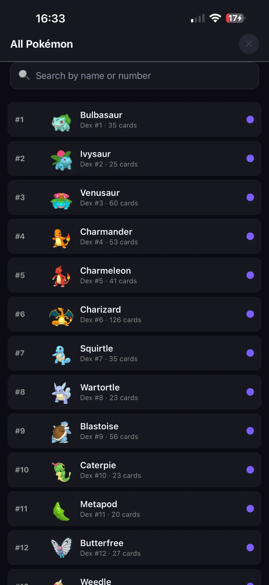 Set Hunter list of all 1,025 Pokémon by Pokédex number, with the number of cards for each