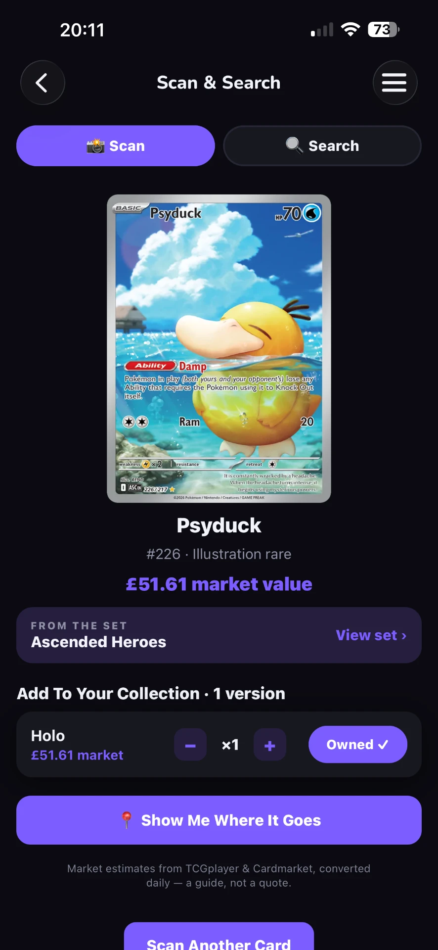 Scanned card result showing the card name, market value and add-to-collection options