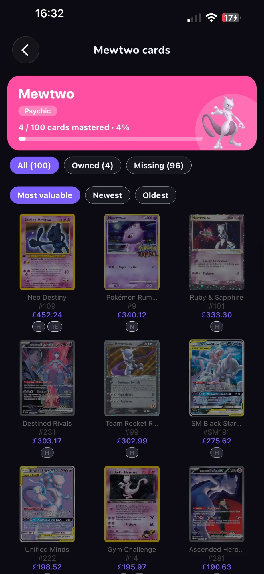 Every Mewtwo Pokémon card in Set Hunter: 4 of 100 collected, led by Shining Mewtwo from Neo Destiny