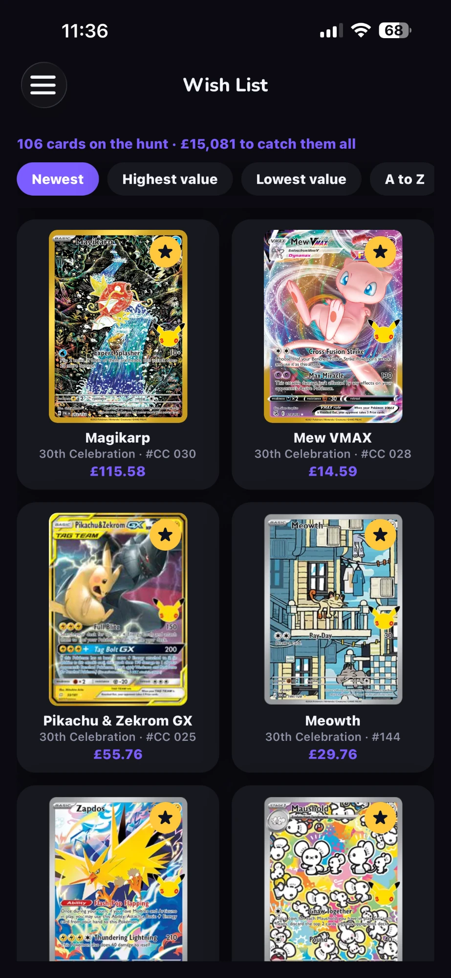 Set Hunter wish list sorted by value, with Pokémon card prices in pounds