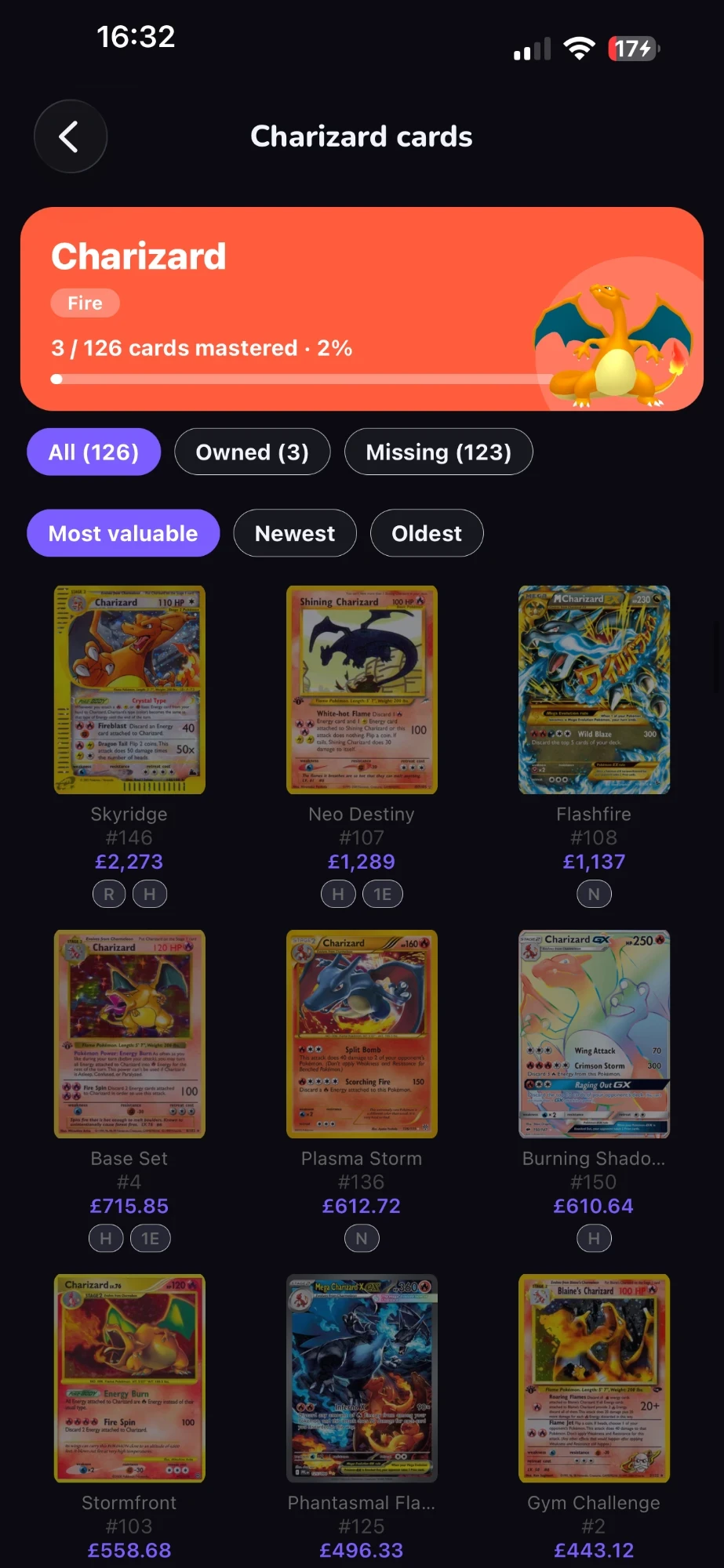Every Charizard Pokémon card in Set Hunter: 3 of 126 collected, most valuable first, led by Skyridge Charizard